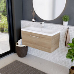 Balterley Contemporary Bathroom Wall Hung 1 Soft-Close Drawer Vanity Unit & Mid-Edge Ceramic Basin, Bleached Oak, 800 mm - thumbnail 4