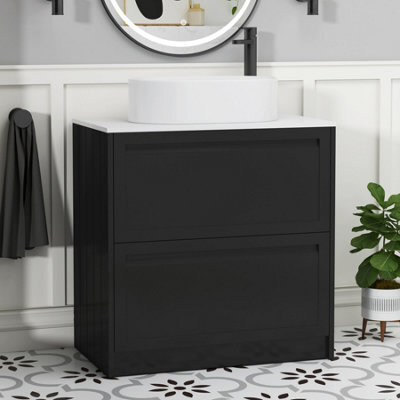 Royal Bathrooms Royal Bathroom Elmore 800mm Matt Nocturne Black Freestanding Bathroom Vanity Unit 2 Drawer Plain White Worktop With Peak Basin - image 1