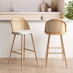 Wyld And Coco Set Of 2 Bar Chairs, Beige Fabric Seat, Viennese Braid Backrest, Brown Matt Metal Frame - thumbnail 2