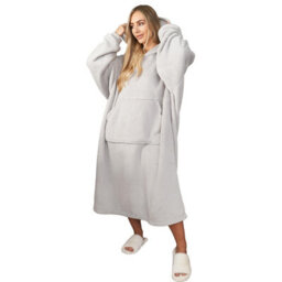 Ohs Long Hoodie Blanket Soft Sherpa Fleece Oversized Sweatshirt - Silver