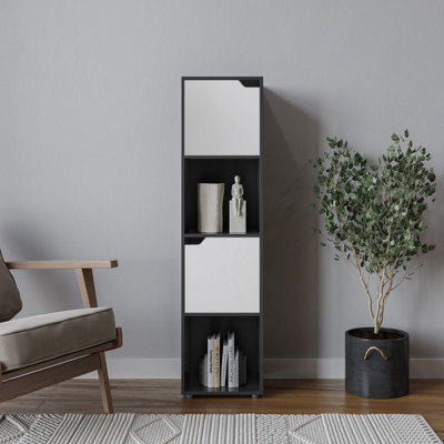Urbn-Living Urbnliving 119Cm Height Black 4 Cube Bookcase Shelving Display Shelf Storage Unit White Wooden Door Organiser - image 1