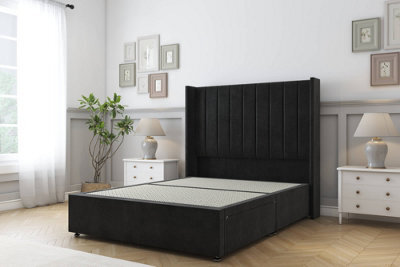 "Sloomy Falcon Black Plush Divan Bed Base 2 Drawers Foot-End With 54"" Wingback Headboard 4' Small Double" - image 1