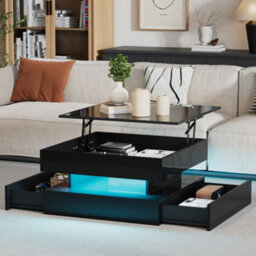 Btm Liftable Living Room Table, High Gloss, Led Light Strip, 2 Drawers, Geometric Design, Hidden Storage, Black - thumbnail 5