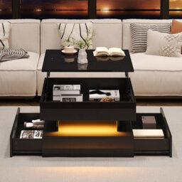 Btm Liftable Living Room Table, High Gloss, Led Light Strip, 2 Drawers, Geometric Design, Hidden Storage, Black - thumbnail 3