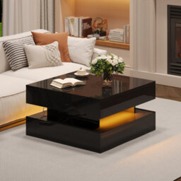 Btm Liftable Living Room Table, High Gloss, Led Light Strip, 2 Drawers, Geometric Design, Hidden Storage, Black - thumbnail 2