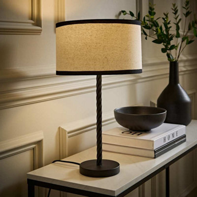 Valuelights Maura Natural Linen Black Trim Drum Shade Matte Black Twist Table Lamp - image 1
