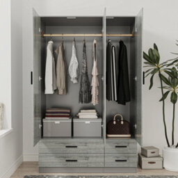 Urbn-Living Urbnliving 180Cm Height Ash Grey 3 Door 4 Drawer Wardrobe Storage Shelf Modern Bedroom Grey Furniture - thumbnail 3