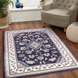 Navy Traditional Bordered Floral Easy To Clean Rug For Dining Room Bed Room And Living Room-80Cm X 150Cm - thumbnail 1