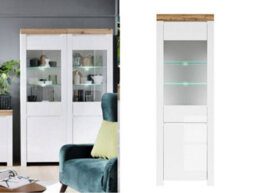 Impact Furniture Glass Display Cabinet Tall Slim Narrow Buffet Unit Soft Close Doors Led Light White Gloss Oak Holten