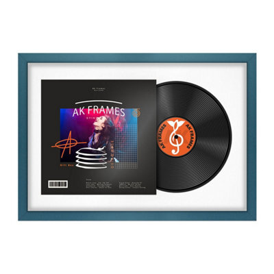 "AK Frames 25X17"" Navy Blue Sleek Vinyl Record Frame With White Mount For 12 Inch Lp Cover & Disc - Overlapped Design" - image 1
