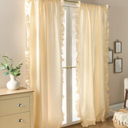 Ohs Stripe Frill Voile Net Curtain Pair Window Panels Slot Top Set - Lemon - thumbnail 2