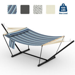 2 Person Double Hammock With Adjustable Steel Stand, Wooden Spreader Bar, Detachable Pillow, Light And Dark Blue Stripes, 12Ft - thumbnail 1