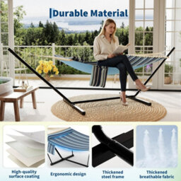 2 Person Double Hammock With Adjustable Steel Stand, Wooden Spreader Bar, Detachable Pillow, Light And Dark Blue Stripes, 12Ft - thumbnail 4