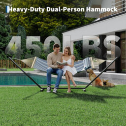 2 Person Double Hammock With Adjustable Steel Stand, Wooden Spreader Bar, Detachable Pillow, Light And Dark Blue Stripes, 12Ft - thumbnail 2