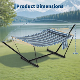 2 Person Double Hammock With Adjustable Steel Stand, Wooden Spreader Bar, Detachable Pillow, Light And Dark Blue Stripes, 12Ft - thumbnail 8