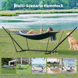 2 Person Double Hammock With Adjustable Steel Stand, Wooden Spreader Bar, Detachable Pillow, Light And Dark Blue Stripes, 12Ft - thumbnail 6