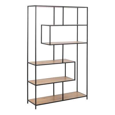 Furniture To Go Seaford Black Metal Large Asymmetrical Bookcase With 5 Oak Shelves - image 1