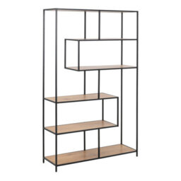Furniture To Go Seaford Black Metal Large Asymmetrical Bookcase With 5 Oak Shelves - thumbnail 1