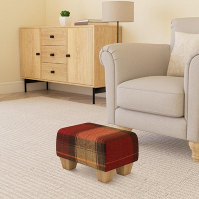 Tartan Material Small Footstools Tartan - Claret Red - Natural Wood Chunky Legs - image 1