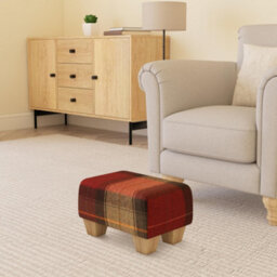 Tartan Material Small Footstools Tartan - Claret Red - Natural Wood Chunky Legs - thumbnail 1