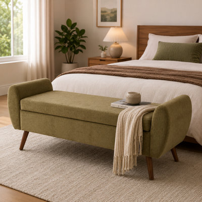 Living And Home Green Chenille Upholstered Storage Bench With Dark Walnut Wooden Legs, 153Cm(W) - image 1