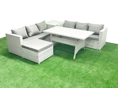 Fimous Rattan Garden Furniture Set 7 Seater Outdoor Sofa Set Dining Table Side Table Big Stool Light Grey - image 1
