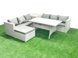 Fimous Rattan Garden Furniture Set 7 Seater Outdoor Sofa Set Dining Table Side Table Big Stool Light Grey - thumbnail 1
