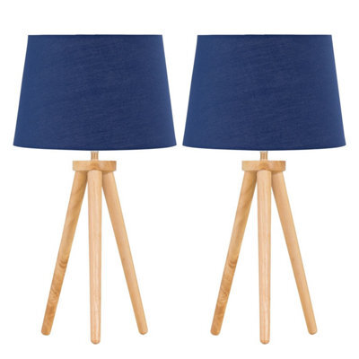 First Choice Lighting Set Of 2 Light Oak Table Lamp Or Bedside Lights With Navy Blue Shades - image 1