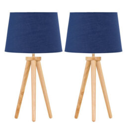 First Choice Lighting Set Of 2 Light Oak Table Lamp Or Bedside Lights With Navy Blue Shades