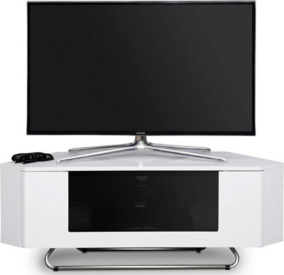 "Homeology Hampshire Corner-Friendly Gloss White With Black Glass Beam-Thru Remote Friendly Door Up To 50"" Flat Screen Tv Cabinet" - image 1