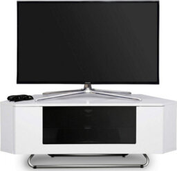 "Homeology Hampshire Corner-Friendly Gloss White With Black Glass Beam-Thru Remote Friendly Door Up To 50"" Flat Screen Tv Cabinet"