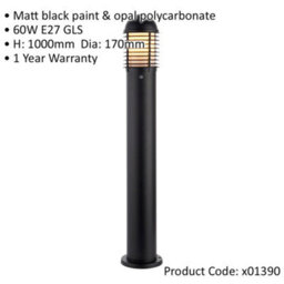 Outdoor Pathway Bollard Post Light - 60W E27 Gls - 1000mm Height - Matt Black - thumbnail 2