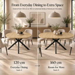 Abrihome Warm Oak Effect Extendable Dining Table 120-160Cm, Oval For 4-6, Self Storing Leaf, Black Metal Spider Legs, Modern Kitchen Table - thumbnail 4