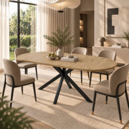 Abrihome Warm Oak Effect Extendable Dining Table 120-160Cm, Oval For 4-6, Self Storing Leaf, Black Metal Spider Legs, Modern Kitchen Table - thumbnail 7