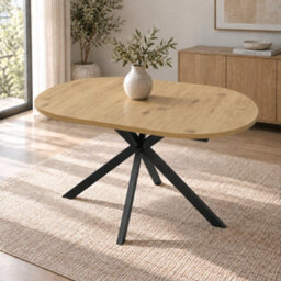 Abrihome Warm Oak Effect Extendable Dining Table 120-160Cm, Oval For 4-6, Self Storing Leaf, Black Metal Spider Legs, Modern Kitchen Table