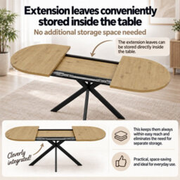 Abrihome Warm Oak Effect Extendable Dining Table 120-160Cm, Oval For 4-6, Self Storing Leaf, Black Metal Spider Legs, Modern Kitchen Table - thumbnail 2