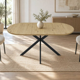 Abrihome Warm Oak Effect Extendable Dining Table 120-160Cm, Oval For 4-6, Self Storing Leaf, Black Metal Spider Legs, Modern Kitchen Table - thumbnail 8