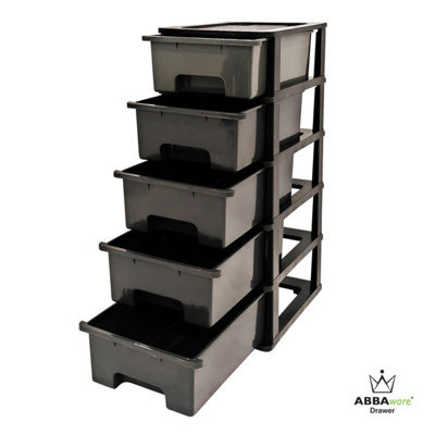 Abbaware Plastic Drawers Storage Unit, With Wheels , Storage Drawers, Tower, 5 X 17L Drawers , Black Frame /modern Grey Draws - image 1
