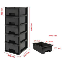 Abbaware Plastic Drawers Storage Unit, With Wheels , Storage Drawers, Tower, 5 X 17L Drawers , Black Frame /modern Grey Draws - thumbnail 2