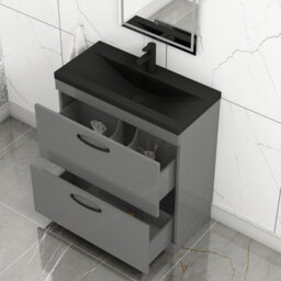 Royal Bathrooms Turin 800mm Floor Standing Vanity Unit 2 Drawer Indigo Grey Gloss With Black Basin & Handles - thumbnail 6