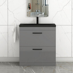 Royal Bathrooms Turin 800mm Floor Standing Vanity Unit 2 Drawer Indigo Grey Gloss With Black Basin & Handles - thumbnail 1