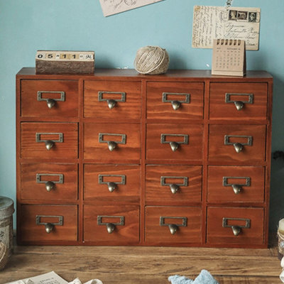 16 Drawer Wooden Desk Drawer Organizer Apothecary Label Card Catalog Holder - image 1