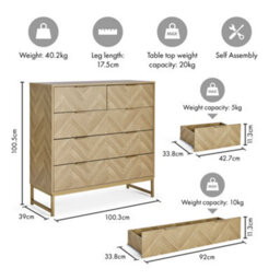 Vonhaus Chest Of Drawers For Bedroom, Herringbone 5 Drawer Bedroom Dresser With Gold Frame, Light Wood Effect, Ducie - thumbnail 7