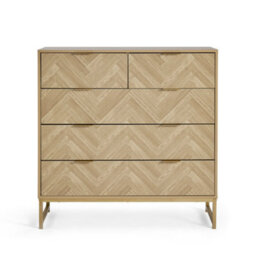 Vonhaus Chest Of Drawers For Bedroom, Herringbone 5 Drawer Bedroom Dresser With Gold Frame, Light Wood Effect, Ducie - thumbnail 9