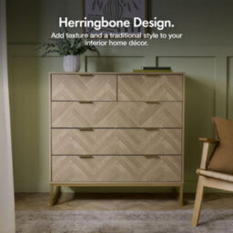 Vonhaus Chest Of Drawers For Bedroom, Herringbone 5 Drawer Bedroom Dresser With Gold Frame, Light Wood Effect, Ducie - thumbnail 2