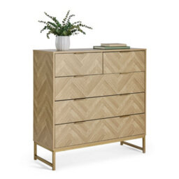 Vonhaus Chest Of Drawers For Bedroom, Herringbone 5 Drawer Bedroom Dresser With Gold Frame, Light Wood Effect, Ducie