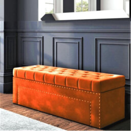 90Cm Duke Upholstered Tufted Plush Velvet Ottoman Storage Box, Burnt Orange End Of Bed Blanket & Shoe Bench With Hinged Lid