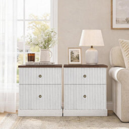 London Boutique Fluted Bedside Table, White 2 Drawer Bedside Cabinet, Curved Edge Side Table, 61X57.7X39.7Cm - thumbnail 5