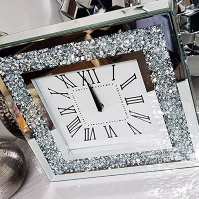 Biznest 35X35Cm Wall Clock Square Crushed Diamante Diamond Crystal Mirror Crushed Jewel Roman Numbers