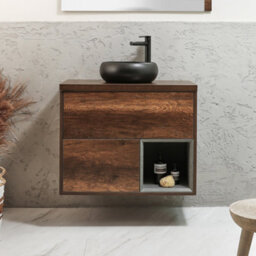 Homestylestore Dark Oak 800mm Led Lit Wall Hung Bathroom Vanity Unit Round Countertop Graphite Basin Open Shelf - thumbnail 2